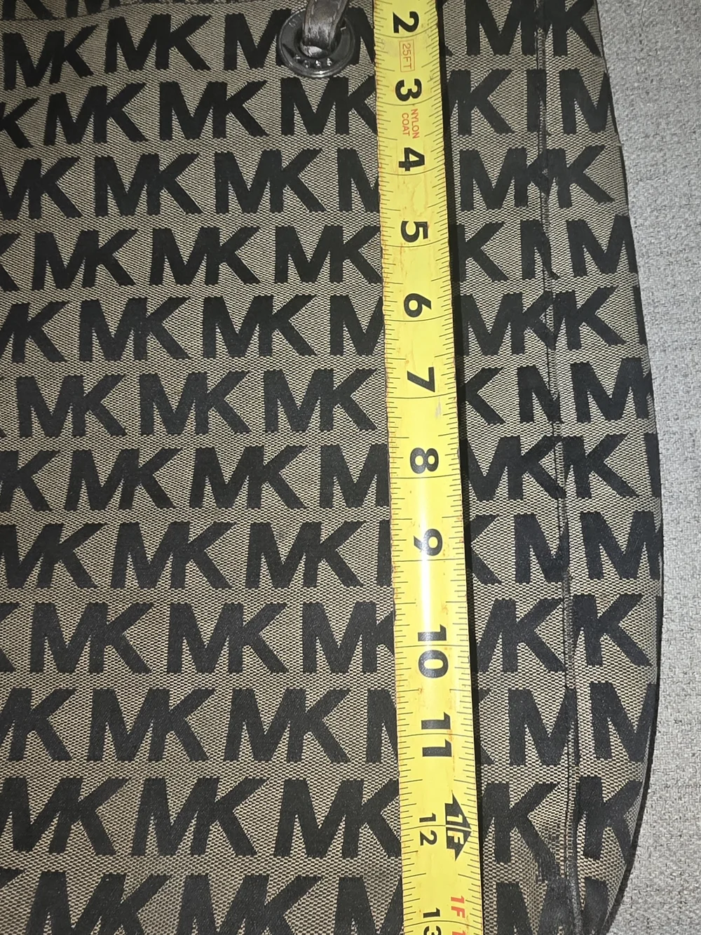 Michael Kors Tan Canvas MK Logo Tote with Black Print Used Large Travel